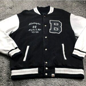 Bathing Ape Mens Varsity Jacket Sz XL Black Snaps Street Wear Nigo Long Sleeve
